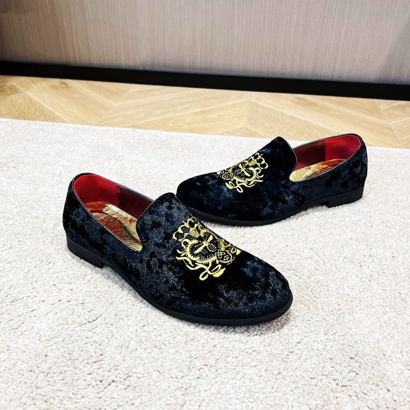 FLQL Velvet Embroidery Noble Loafer Shoes Slip-On Loafer Smoking Slipper Size 10 Black - Image 5